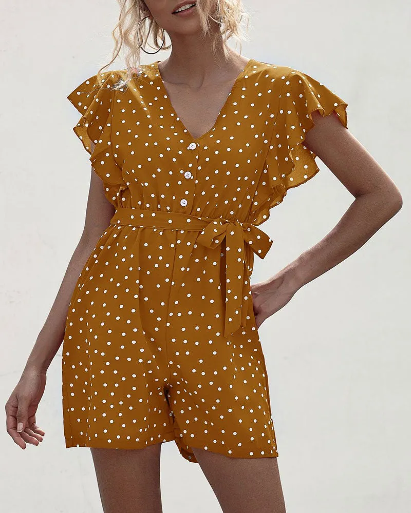 Polka Dot Lace-up Jumpsuit Lotus Sleeve Single-breasted Drawstring Rompers