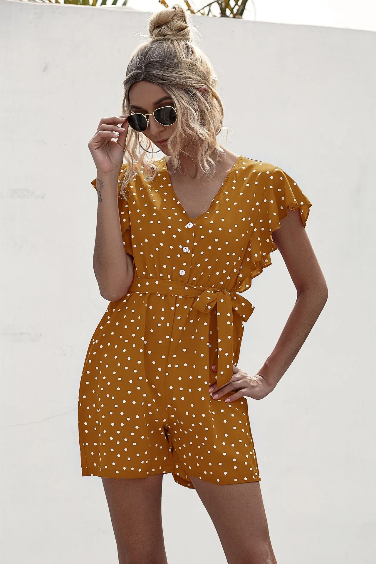 Polka Dot Lace-up Jumpsuit Lotus Sleeve Single-breasted Drawstring Rompers