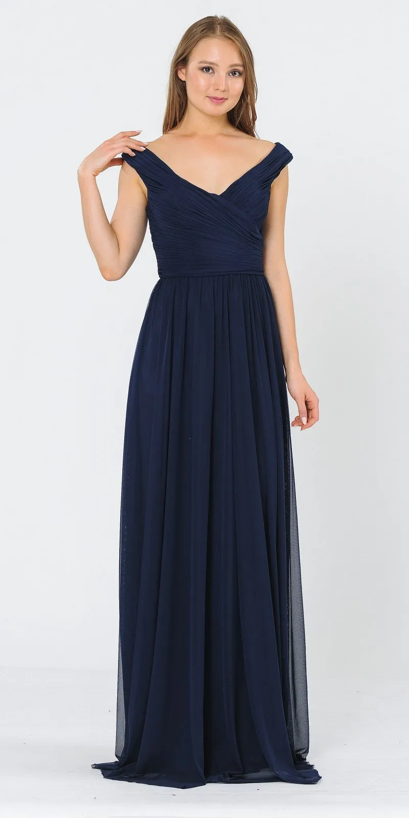 Poly USA 8398 Off-Shoulder Ruched Bodice Long Dress