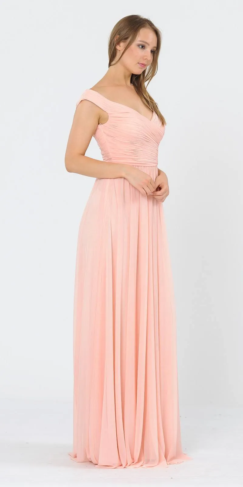 Poly USA 8398 Off-Shoulder Ruched Bodice Long Dress