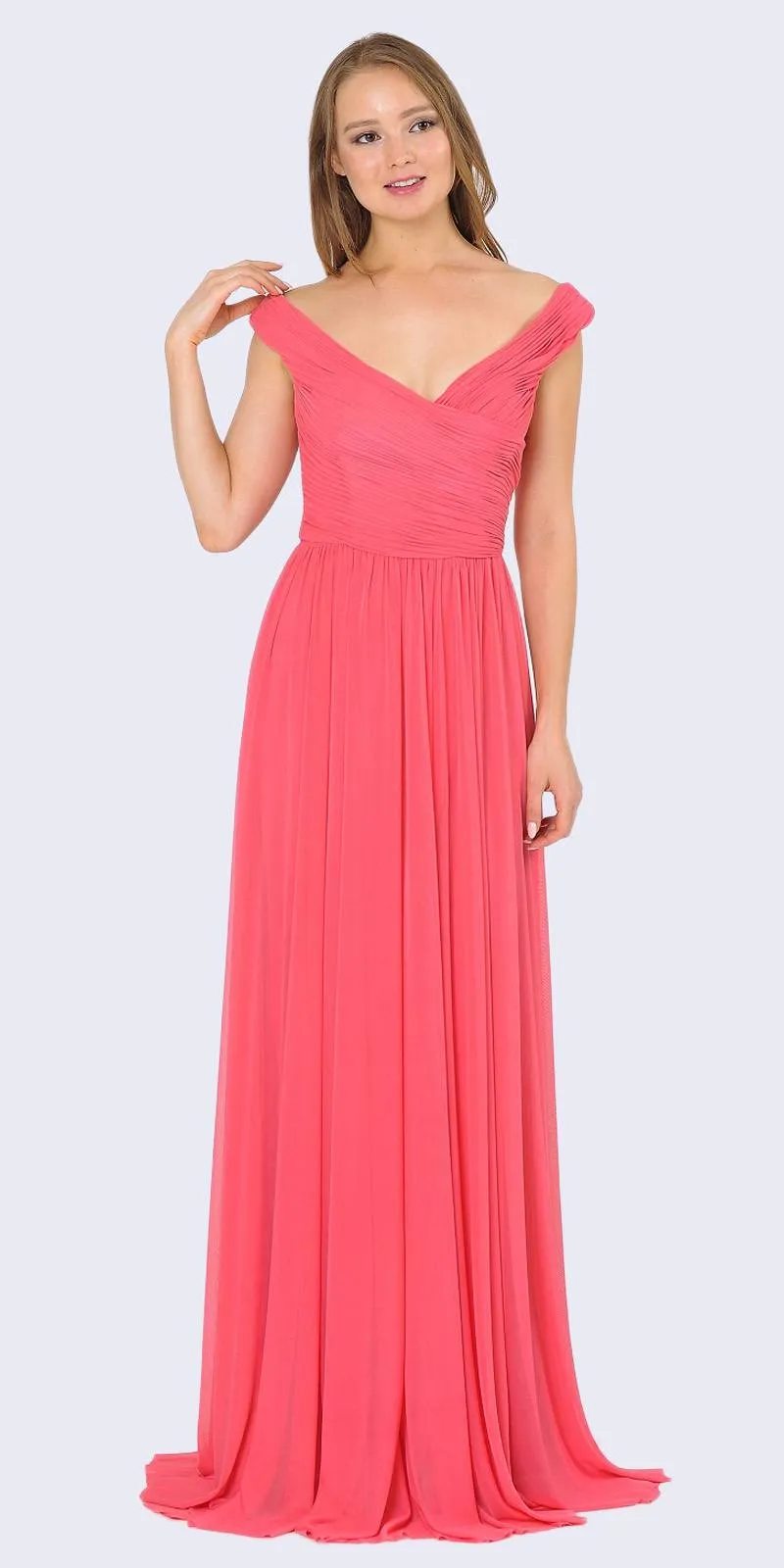 Poly USA 8398 Off-Shoulder Ruched Bodice Long Dress