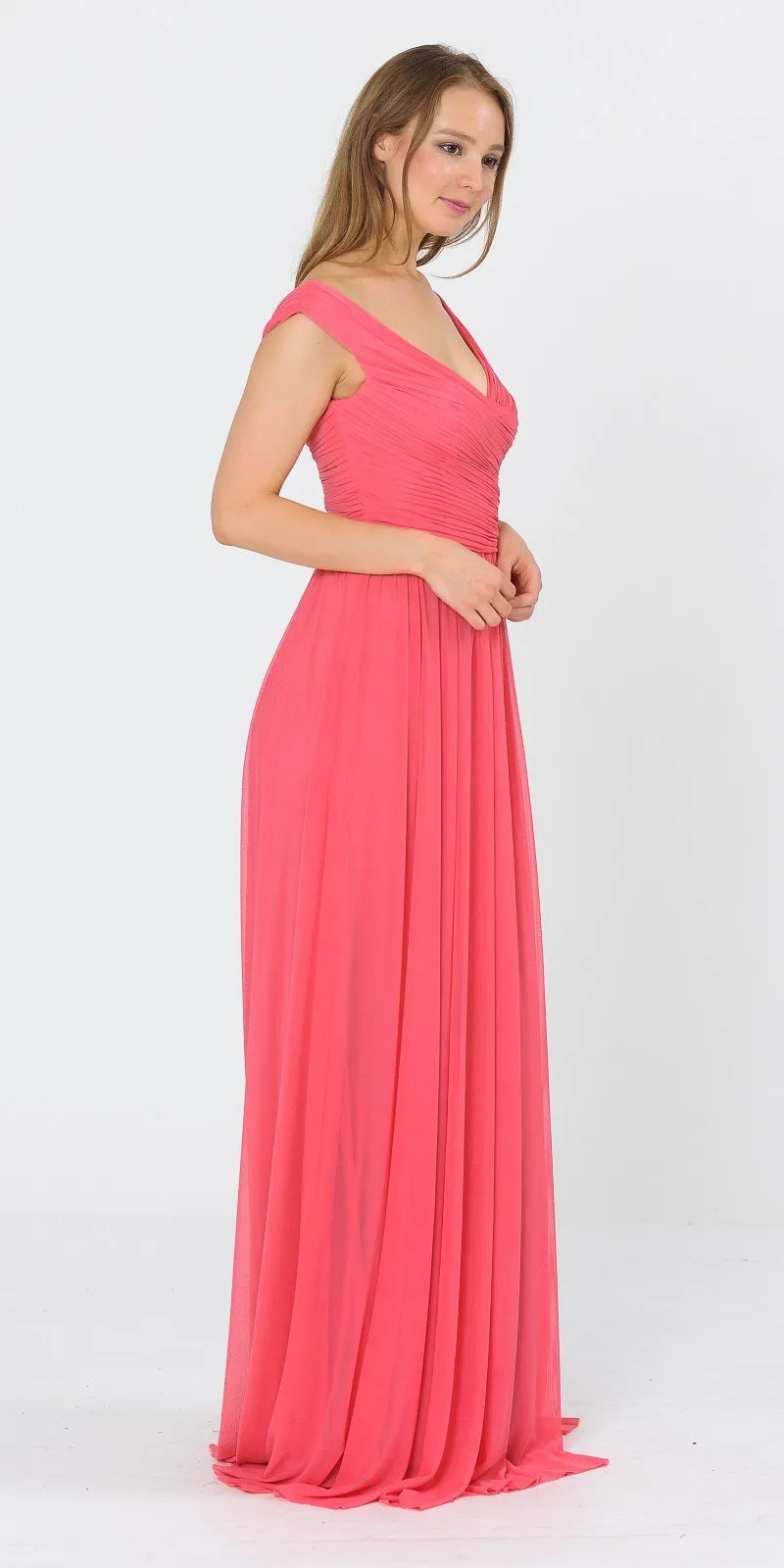 Poly USA 8398 Off-Shoulder Ruched Bodice Long Dress