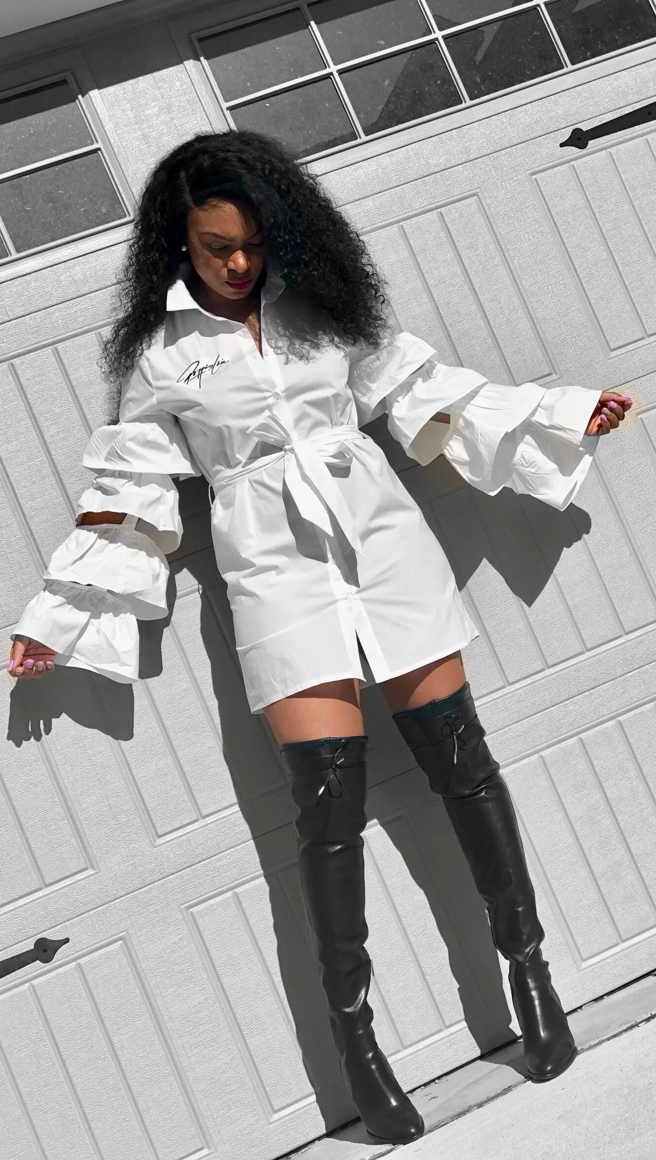 POPPIN Ruffled Sleeve Detailed Shirt Dress
