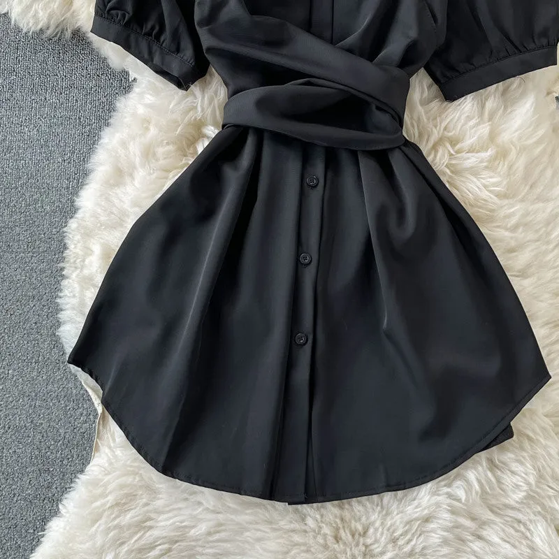 PUFF SLEEVE LACE UP SHIRT DRESS UB3186