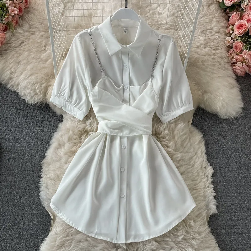 PUFF SLEEVE LACE UP SHIRT DRESS UB3186