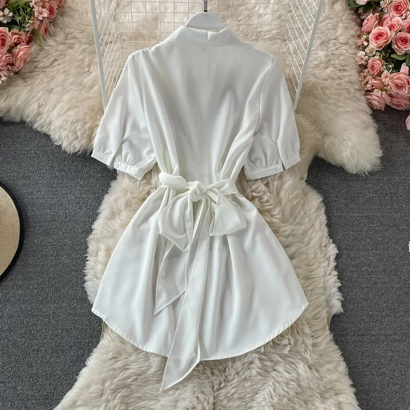 PUFF SLEEVE LACE UP SHIRT DRESS UB3186