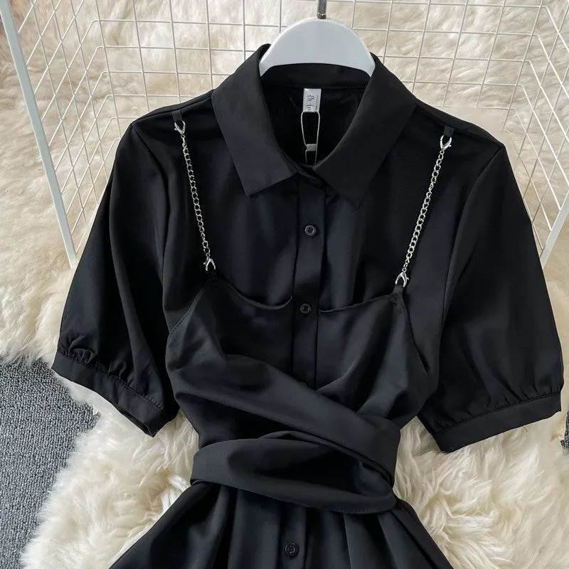 PUFF SLEEVE LACE UP SHIRT DRESS UB3186