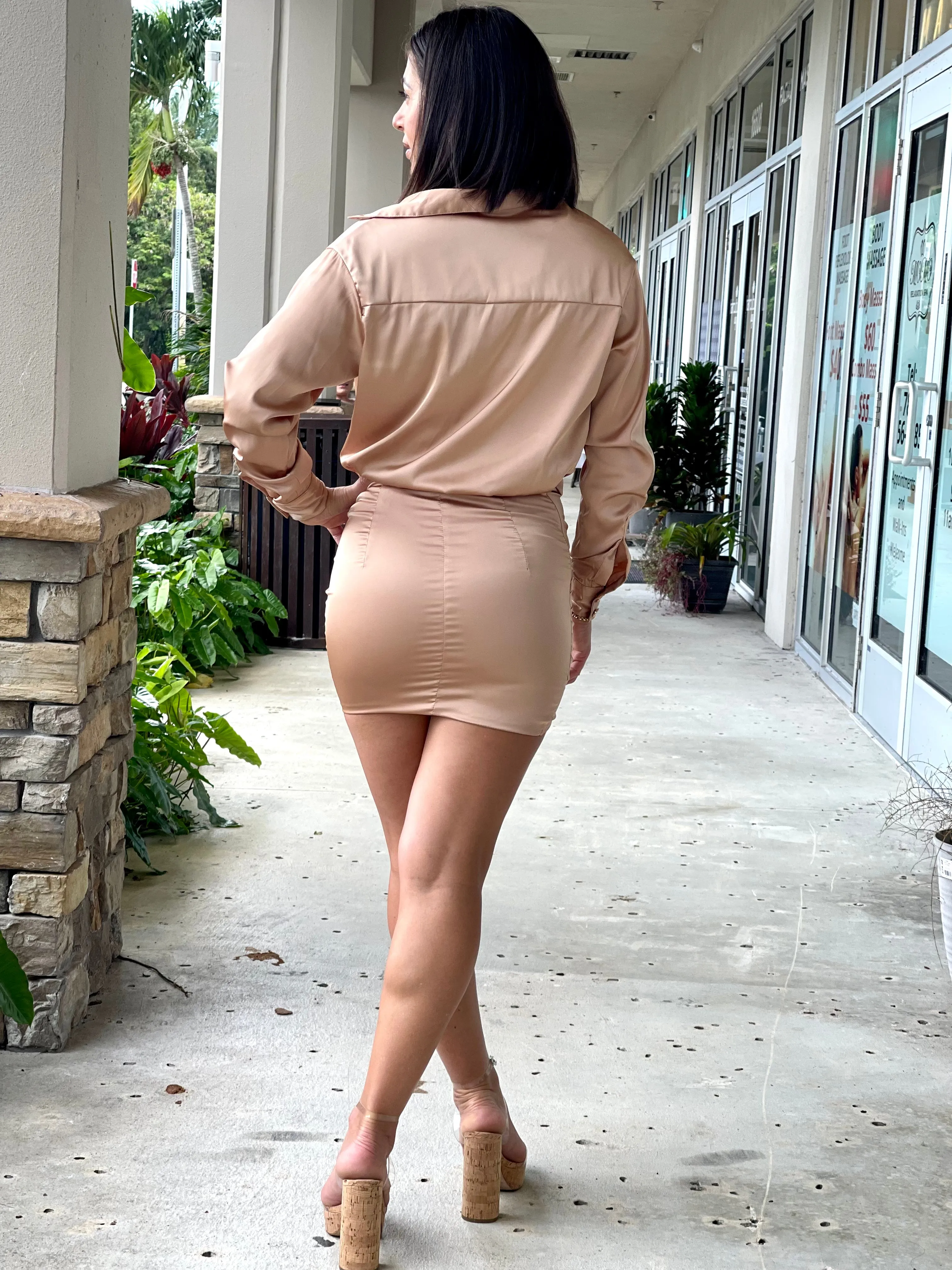 "Alba" Satin long sleeve open shirt mini dress with skirt ruched detail. No front closure. Open shirt style.