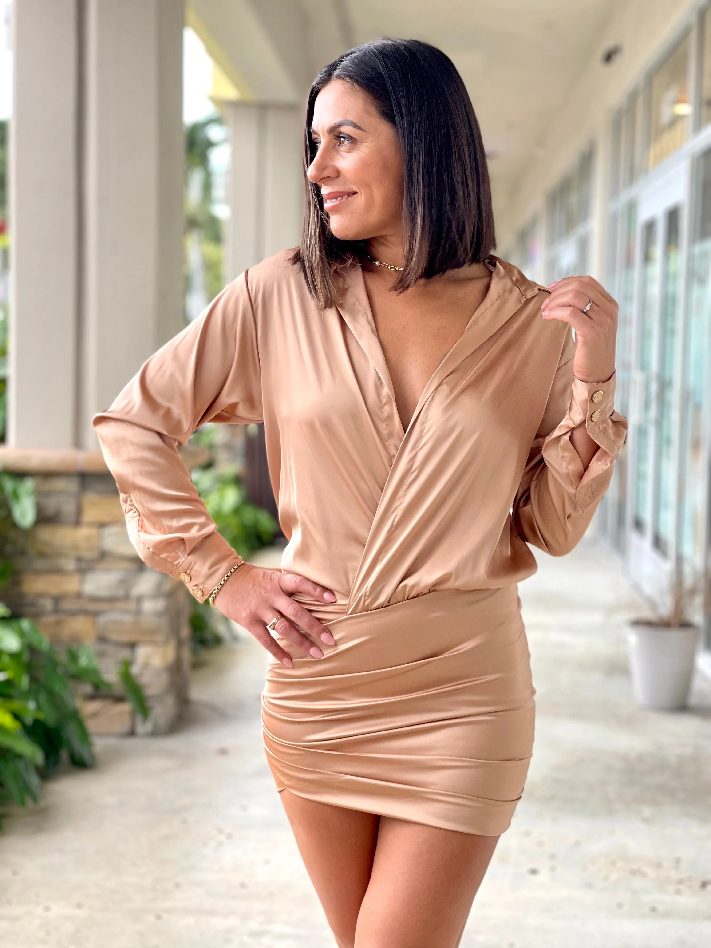 "Alba" Satin long sleeve open shirt mini dress with skirt ruched detail. No front closure. Open shirt style.