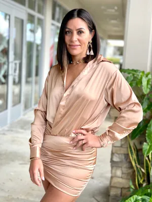 "Alba" Satin long sleeve open shirt mini dress with skirt ruched detail. No front closure. Open shirt style.