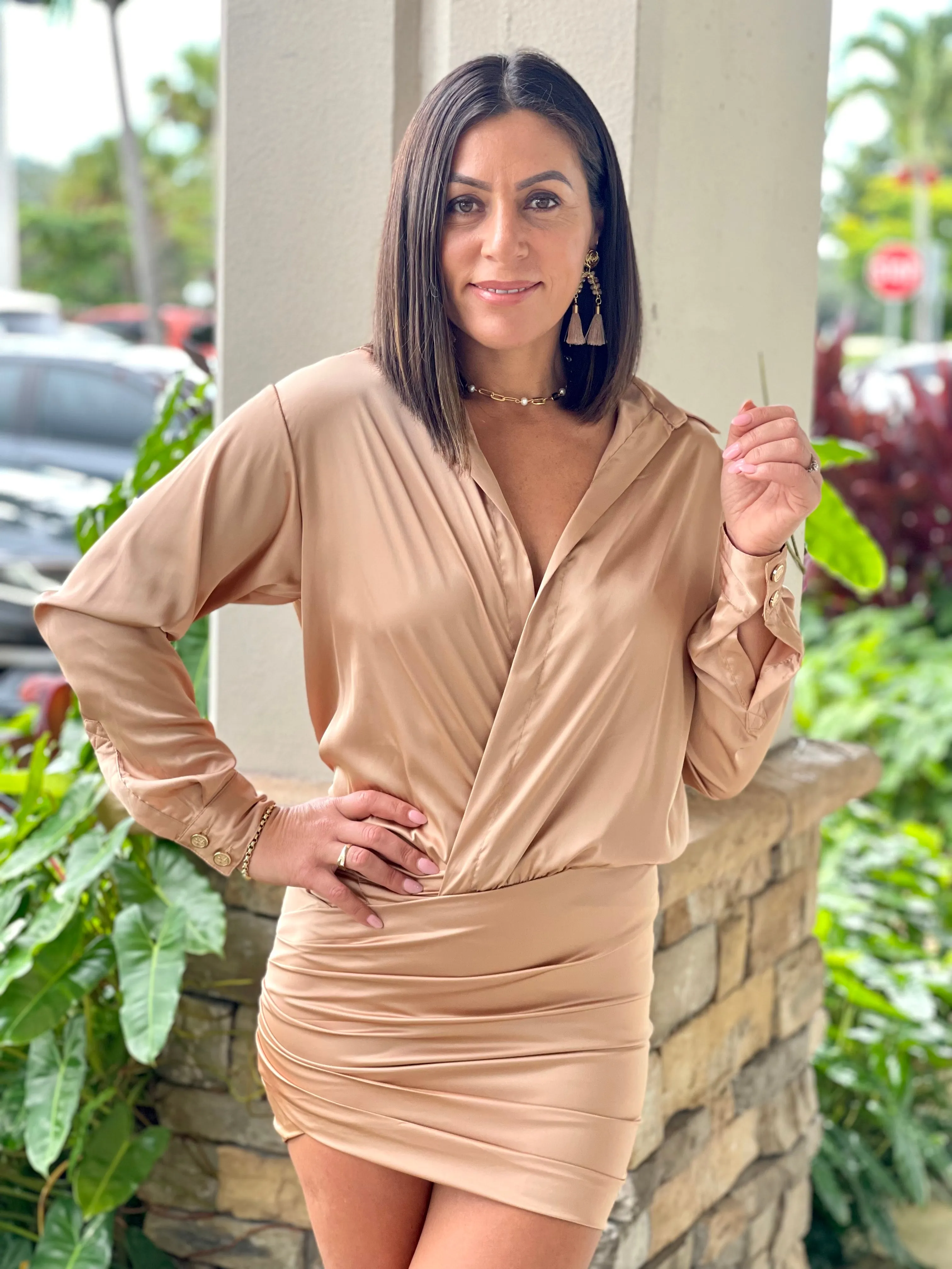 "Alba" Satin long sleeve open shirt mini dress with skirt ruched detail. No front closure. Open shirt style.