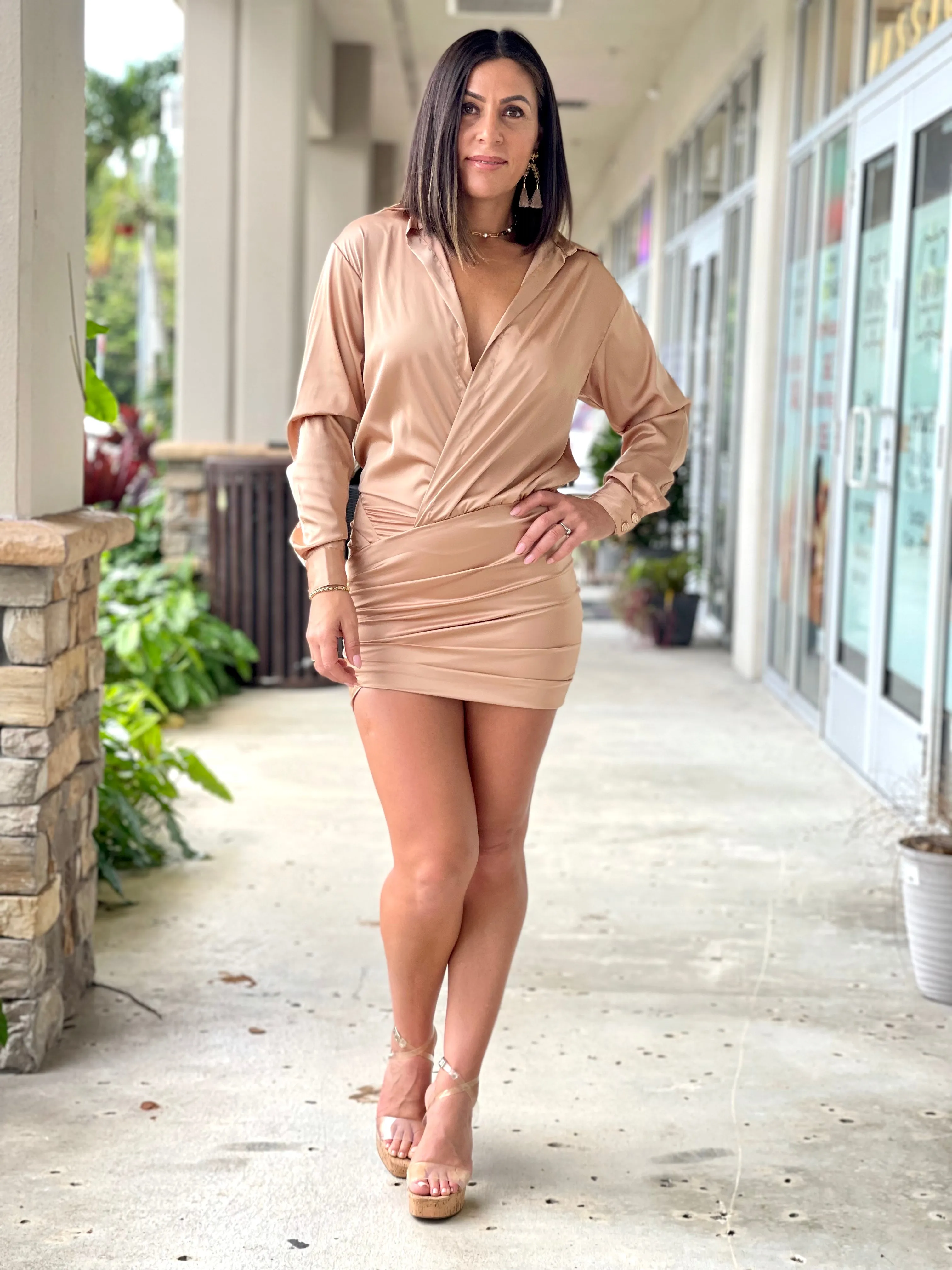 "Alba" Satin long sleeve open shirt mini dress with skirt ruched detail. No front closure. Open shirt style.