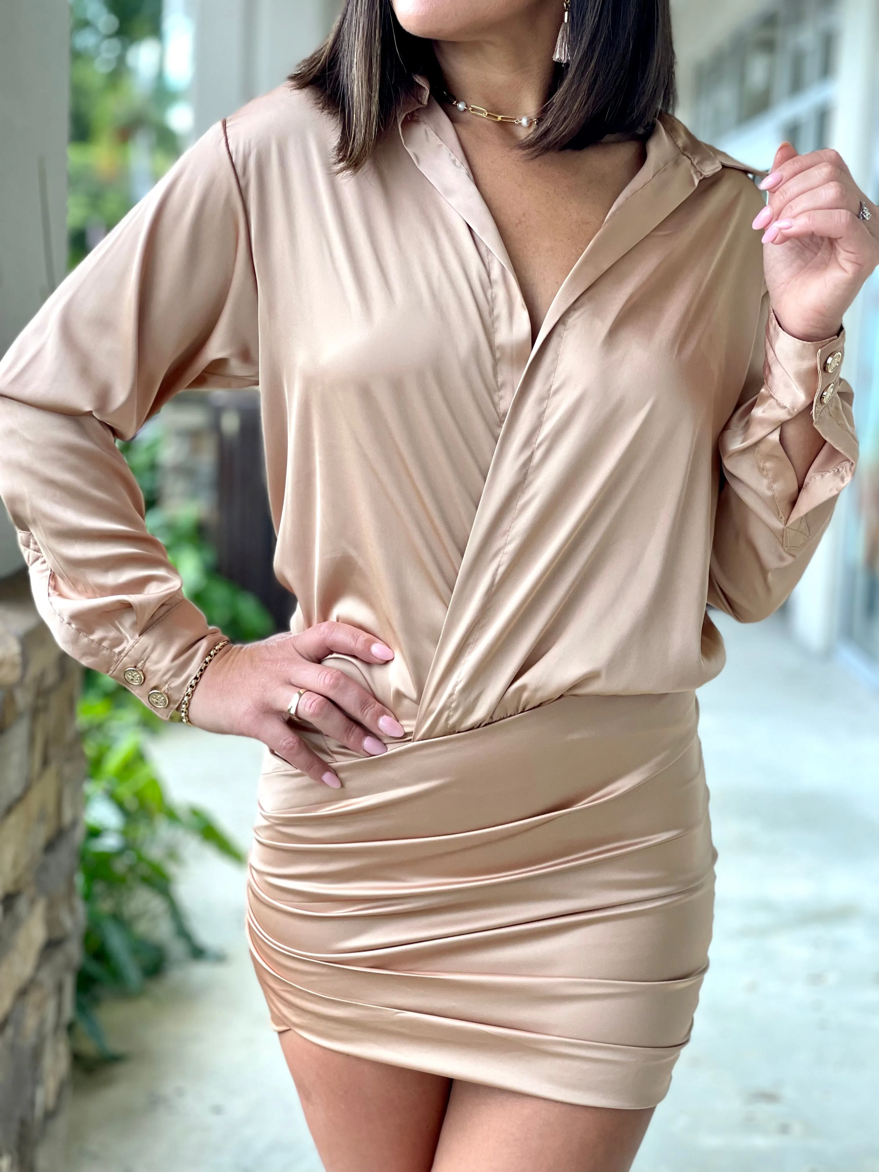 "Alba" Satin long sleeve open shirt mini dress with skirt ruched detail. No front closure. Open shirt style.