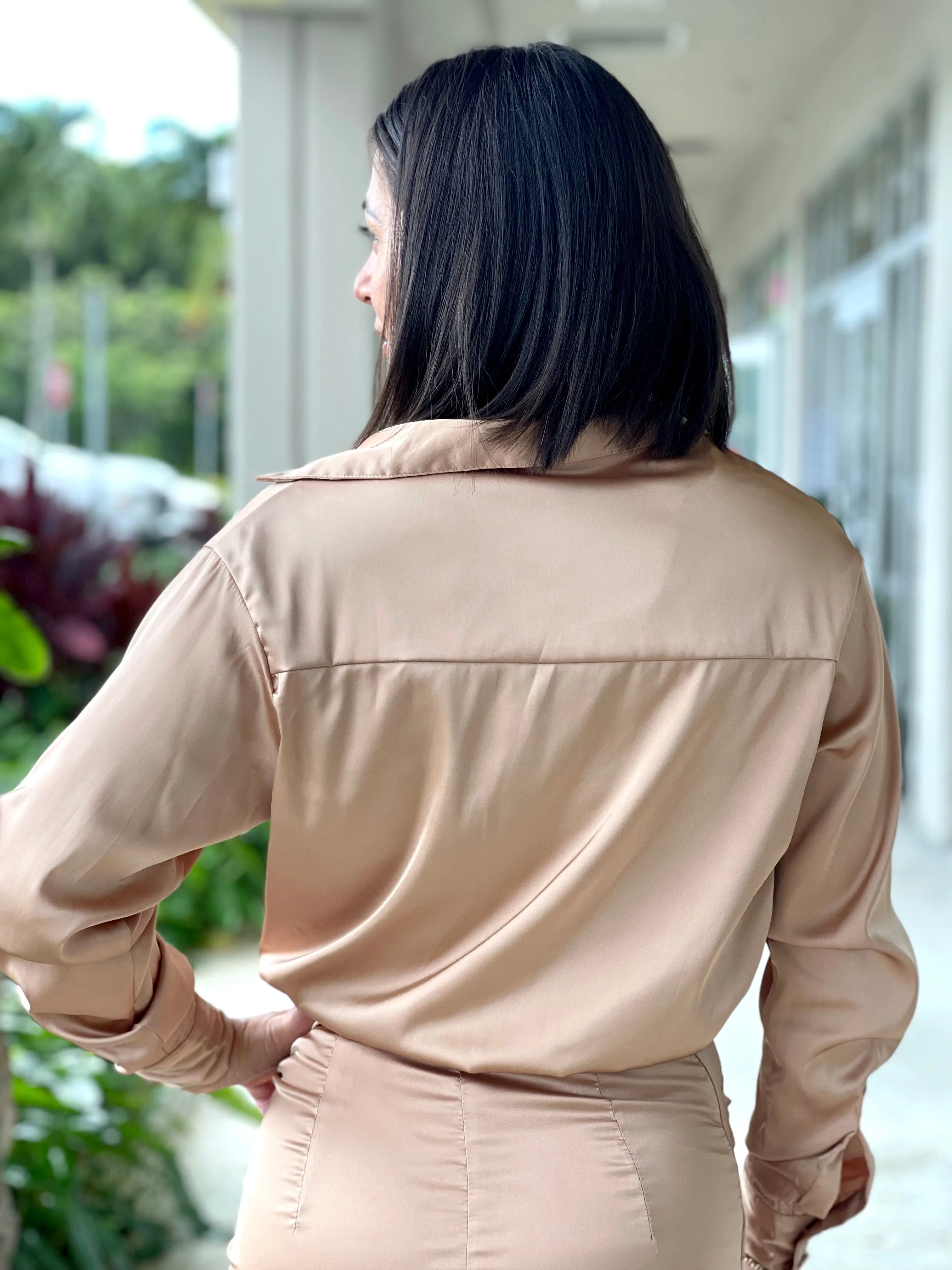 "Alba" Satin long sleeve open shirt mini dress with skirt ruched detail. No front closure. Open shirt style.