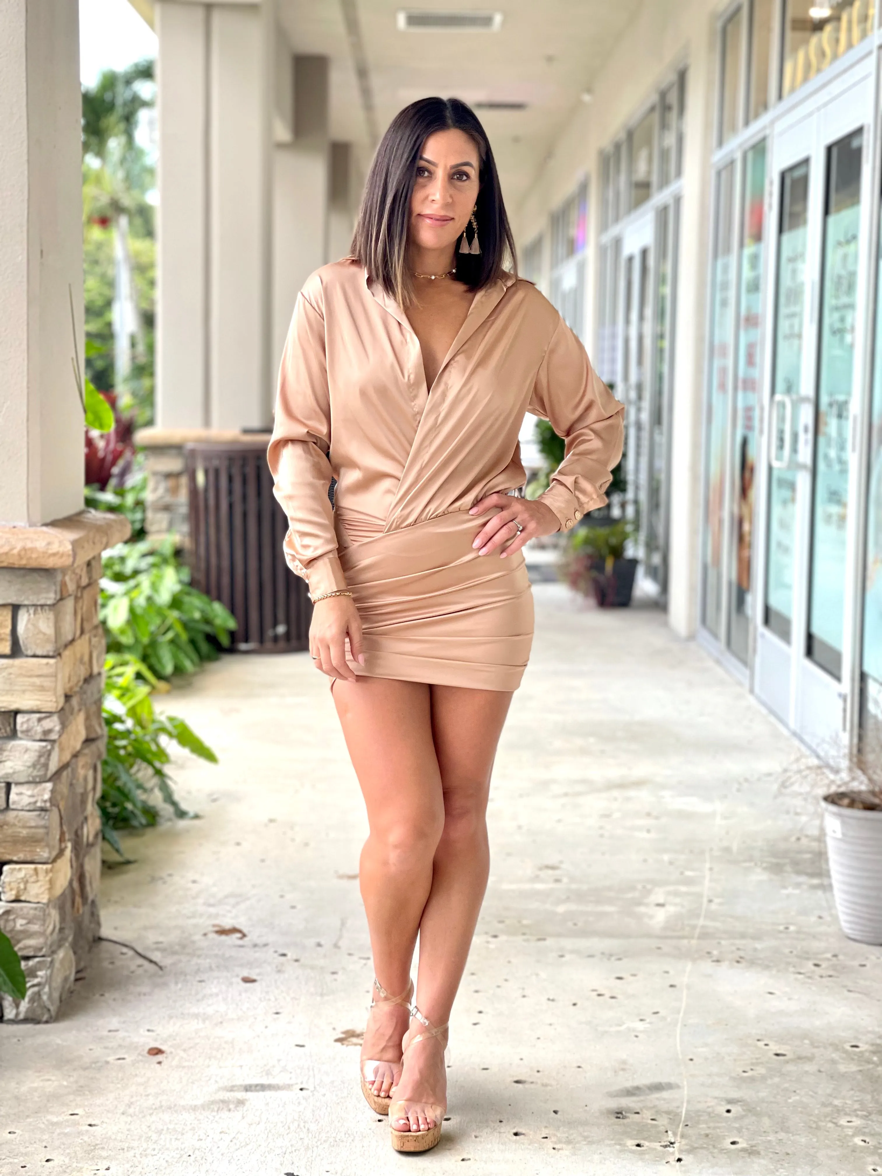 "Alba" Satin long sleeve open shirt mini dress with skirt ruched detail. No front closure. Open shirt style.