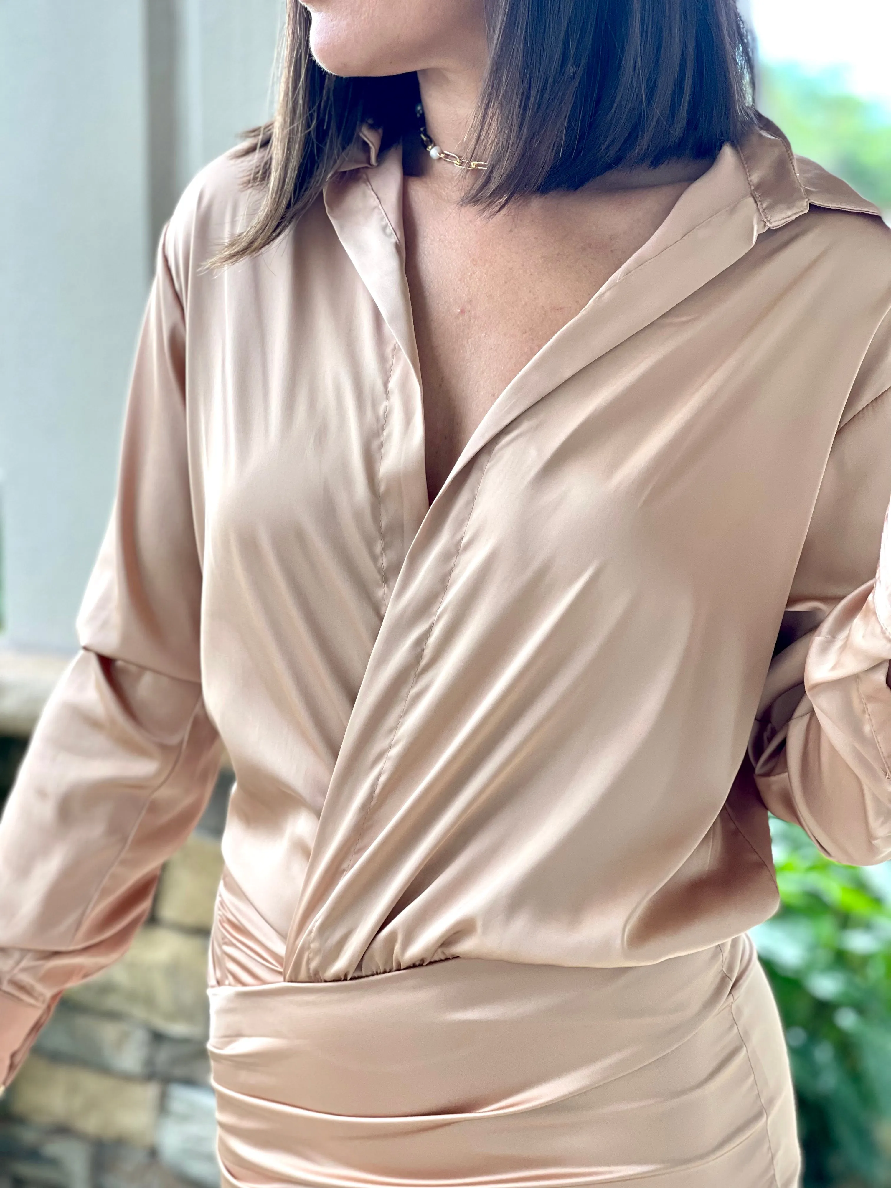 "Alba" Satin long sleeve open shirt mini dress with skirt ruched detail. No front closure. Open shirt style.