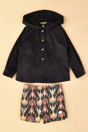 "Samuel" Navy Hooded Shirt & Jacquard Print Shorts