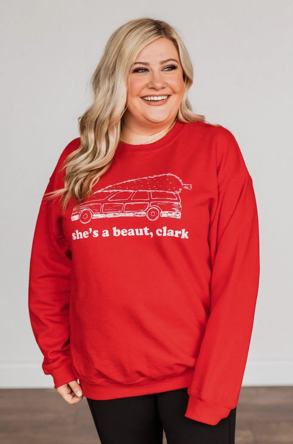 "She's A Beaut, Clark" Graphic Pullover- Red