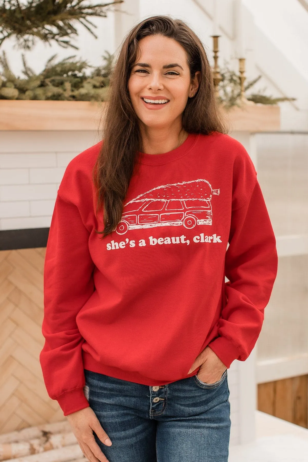 "She's A Beaut, Clark" Graphic Pullover- Red