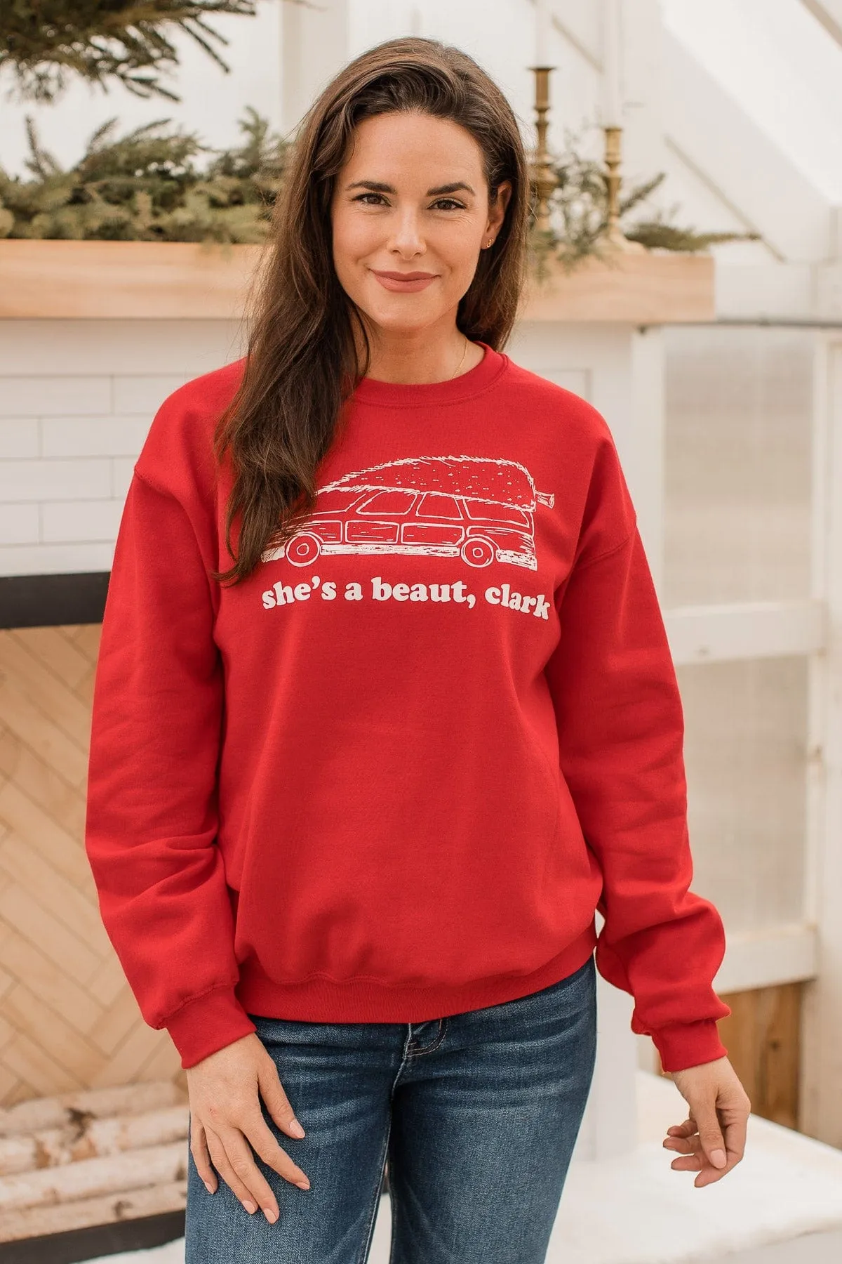 "She's A Beaut, Clark" Graphic Pullover- Red
