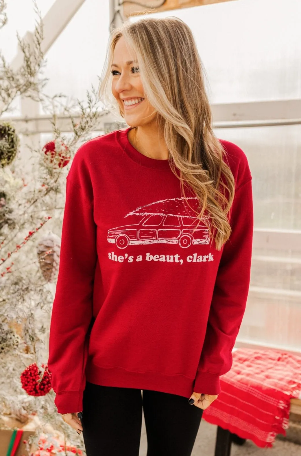 "She's A Beaut, Clark" Graphic Pullover- Red