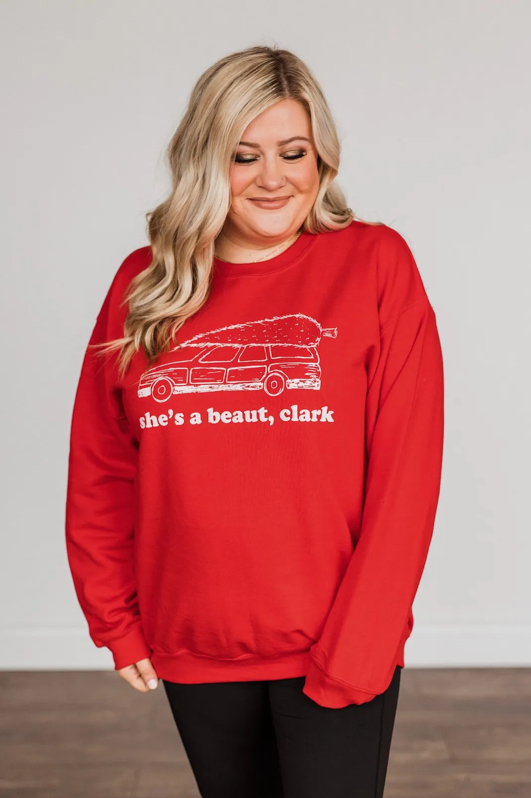 "She's A Beaut, Clark" Graphic Pullover- Red