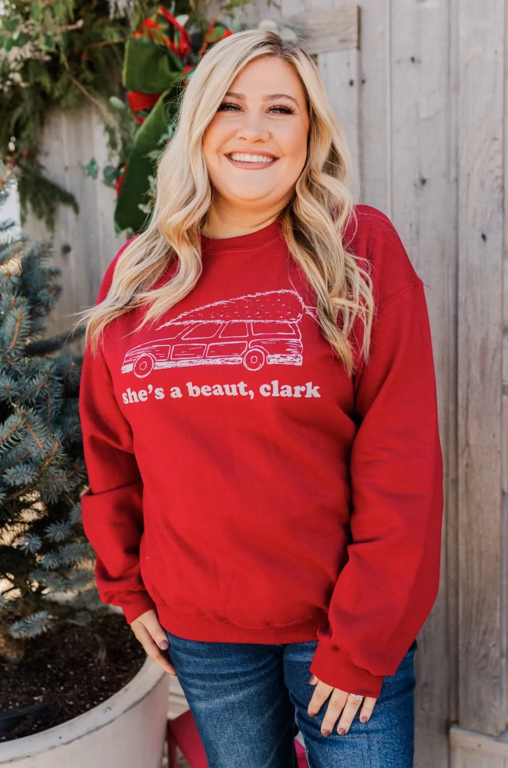 "She's A Beaut, Clark" Graphic Pullover- Red