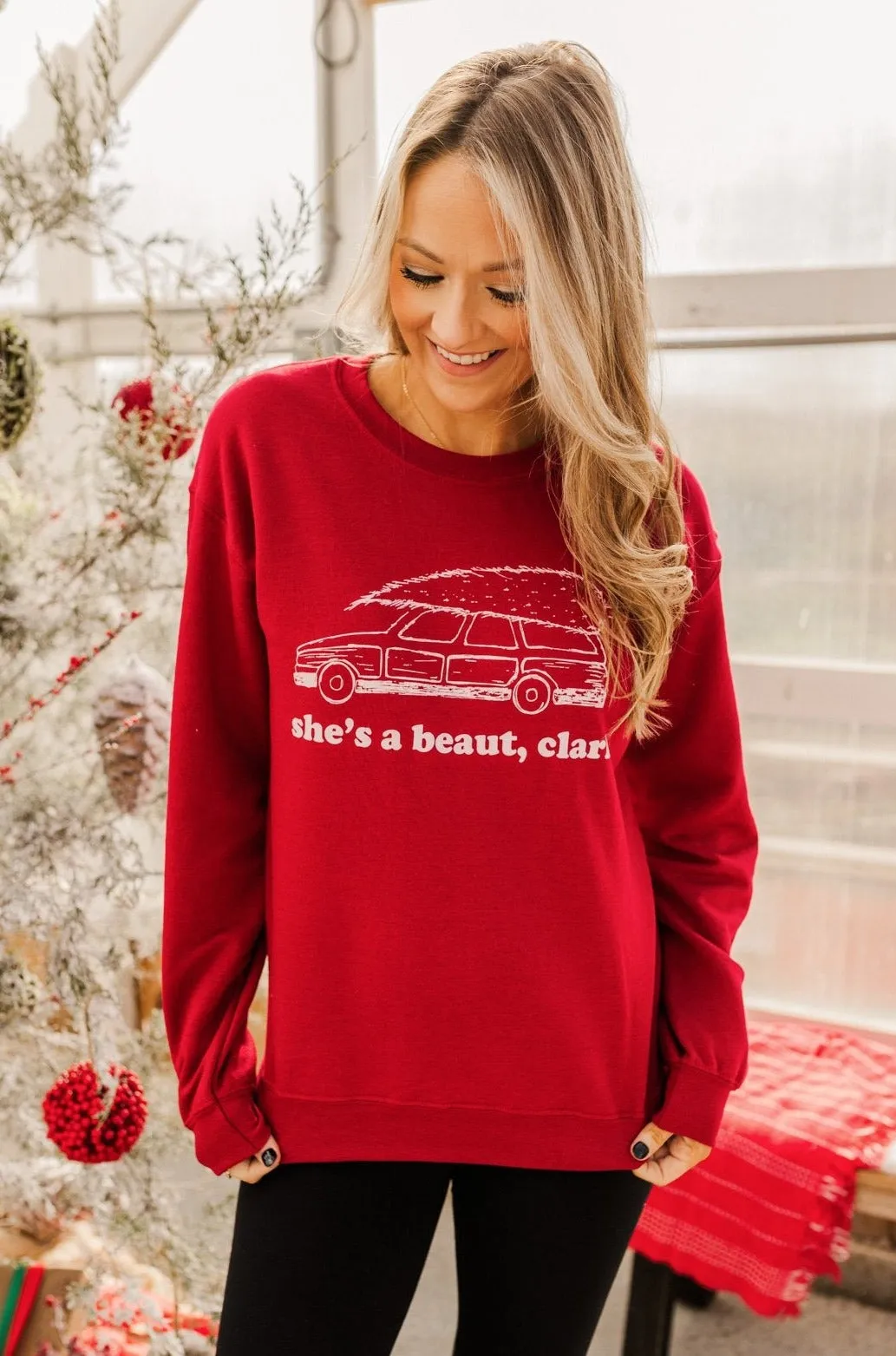 "She's A Beaut, Clark" Graphic Pullover- Red