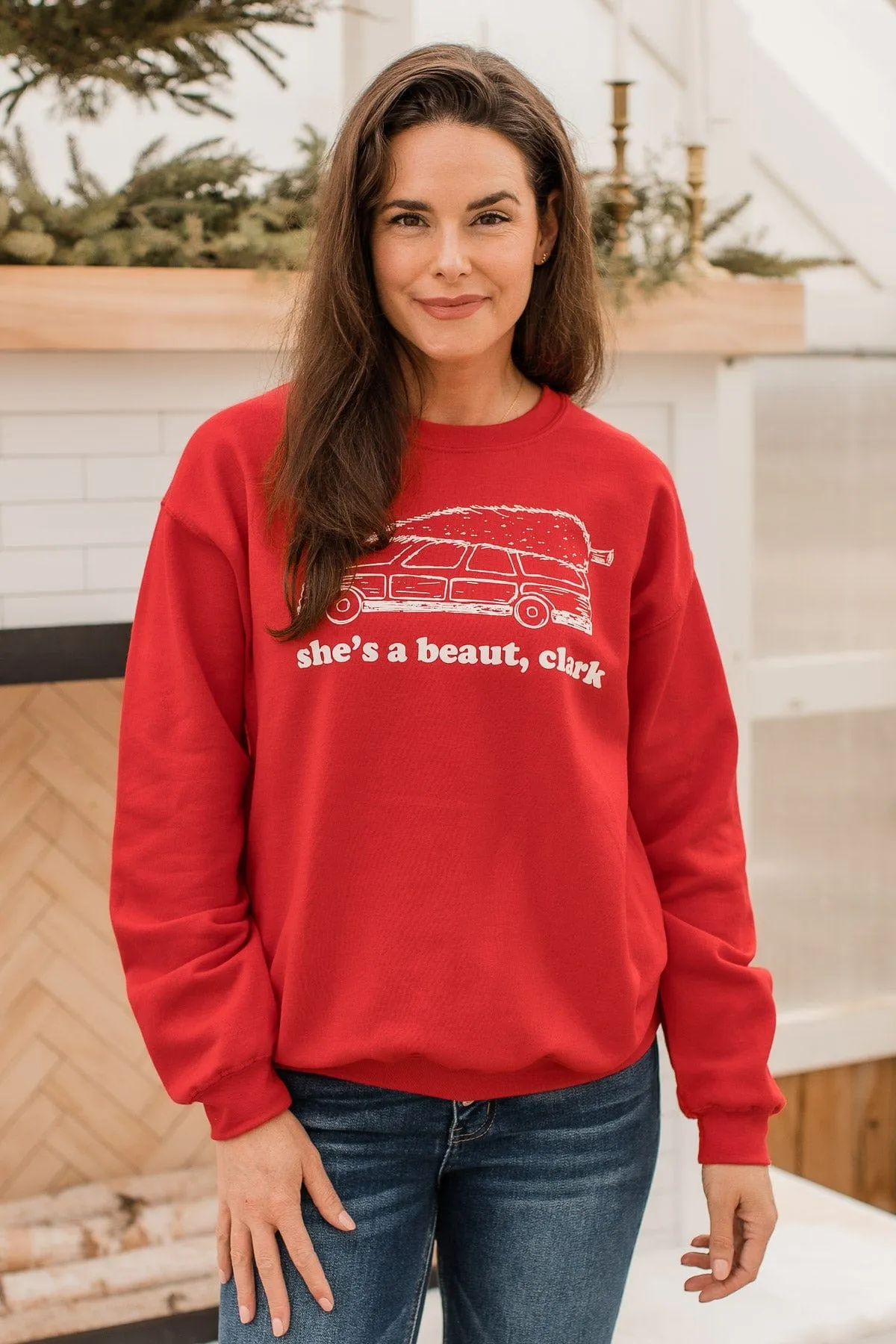 "She's A Beaut, Clark" Graphic Pullover- Red