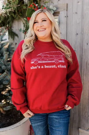 "She's A Beaut, Clark" Graphic Pullover- Red