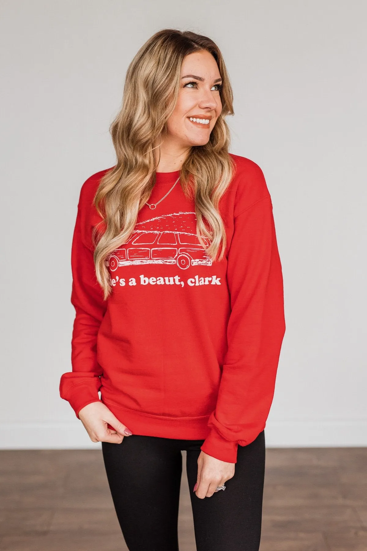 "She's A Beaut, Clark" Graphic Pullover- Red