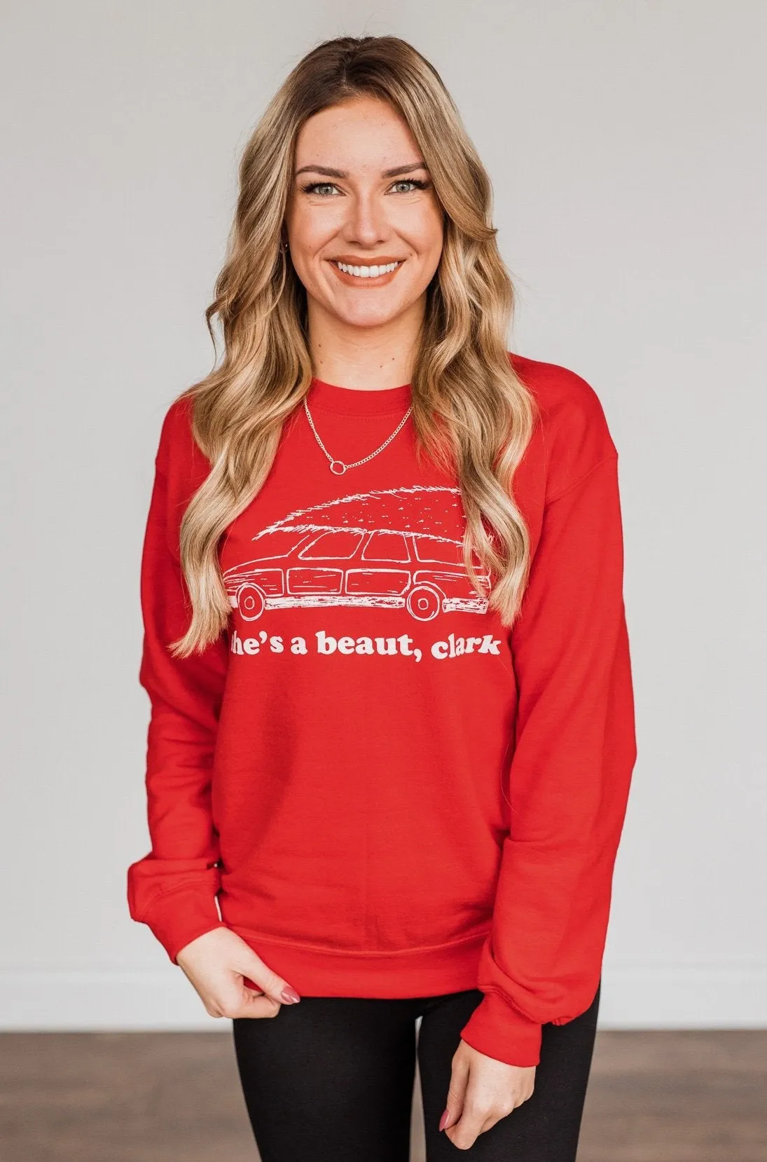 "She's A Beaut, Clark" Graphic Pullover- Red
