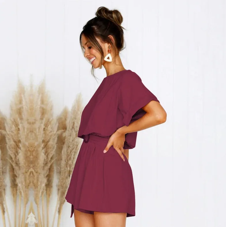 Round Neck Short Sleeve Casual Strap Jumpsuit