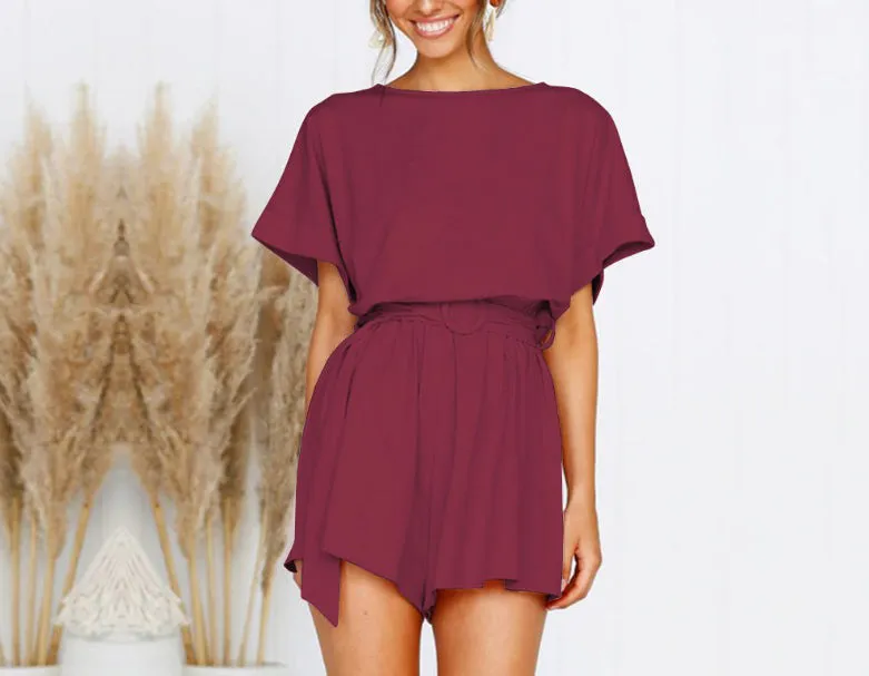 Round Neck Short Sleeve Casual Strap Jumpsuit