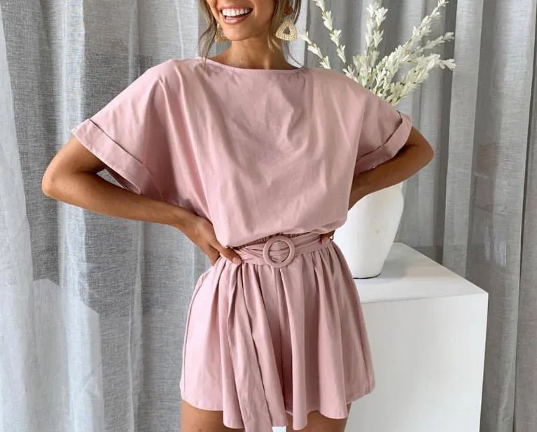 Round Neck Short Sleeve Casual Strap Jumpsuit
