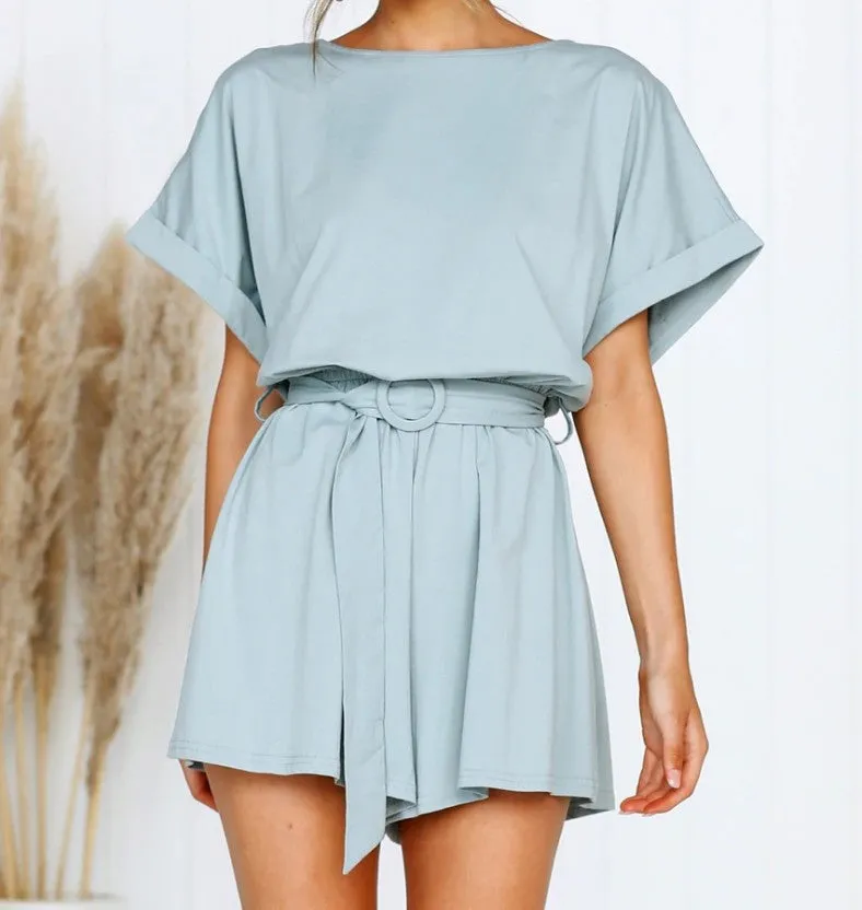Round Neck Short Sleeve Casual Strap Jumpsuit