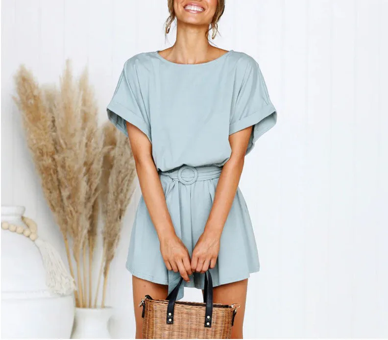 Round Neck Short Sleeve Casual Strap Jumpsuit