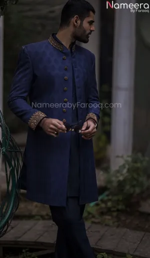 Royal Blue Sherwani for Groom in Atlas Jamawar #GN19