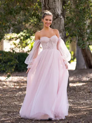 Roycebridal A-line Corset Off The Shoulder Floor Length Tulle Prom Dress with lace appliques