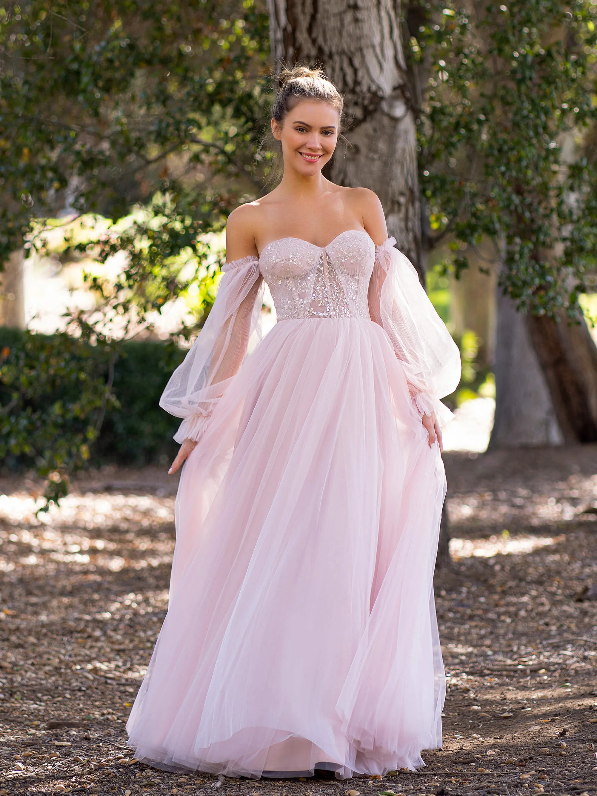Roycebridal A-line Corset Off The Shoulder Floor Length Tulle Prom Dress with lace appliques