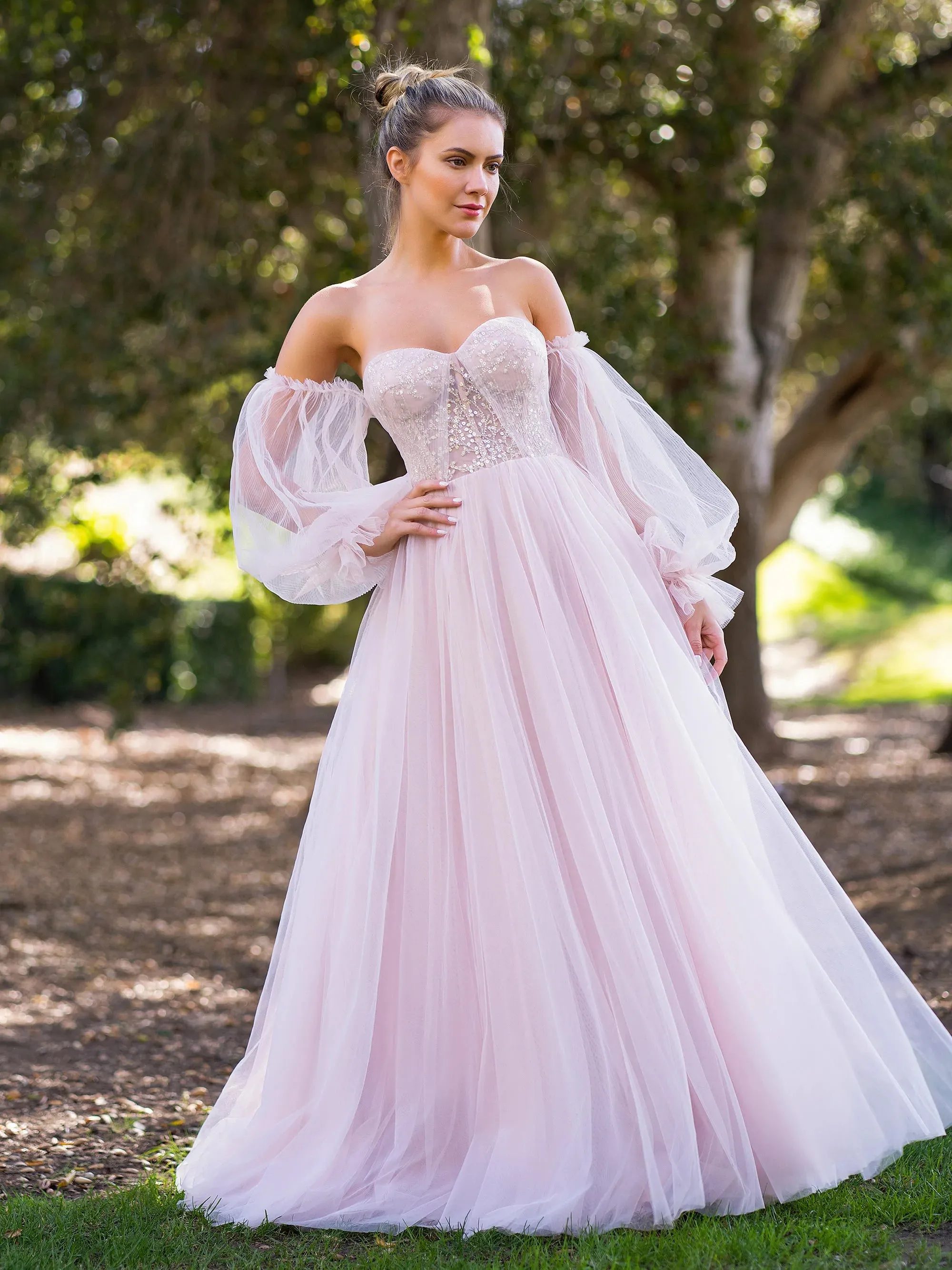 Roycebridal A-line Corset Off The Shoulder Floor Length Tulle Prom Dress with lace appliques