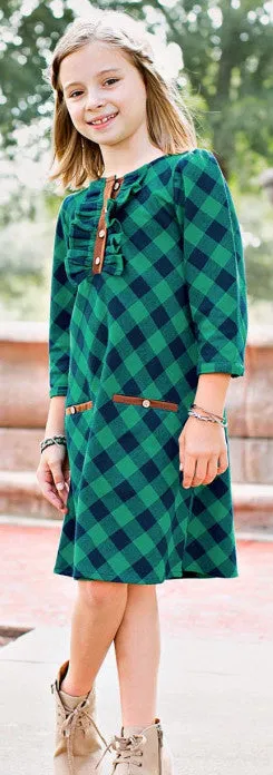 RuffleButts Navy & Emerald Plaid A-Line Dress