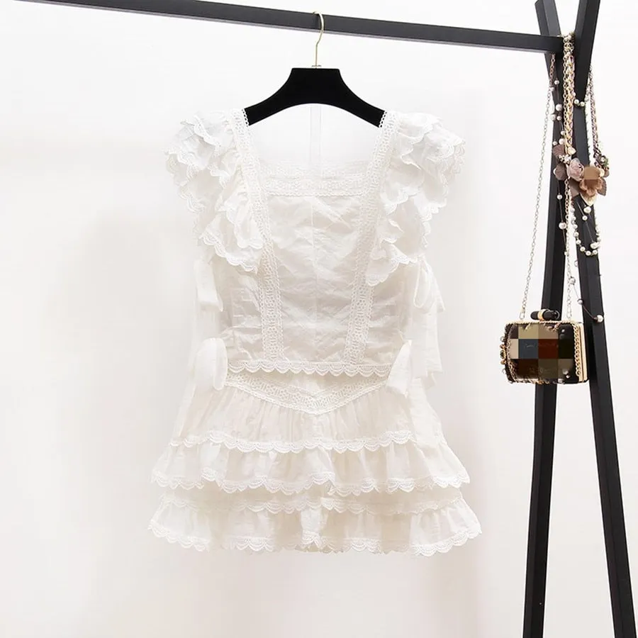 Ruffles Short Sleeve Tops and Mini Short Skirts