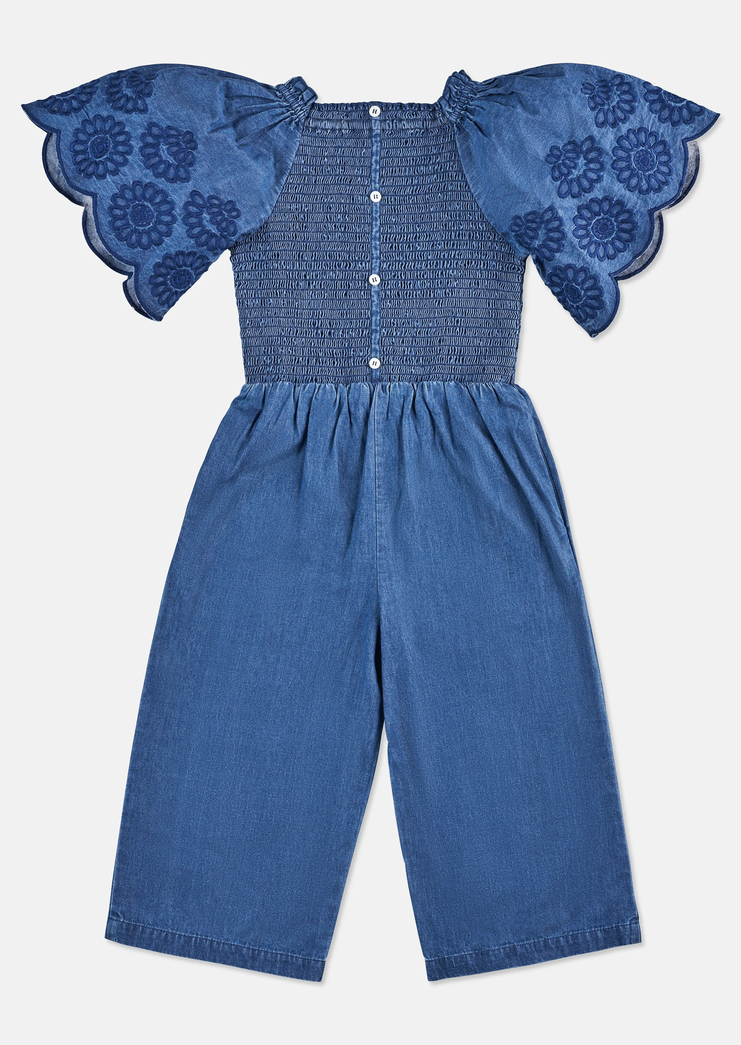 Savanah Broderie Sleeve Shirred Denim Jumpsuit