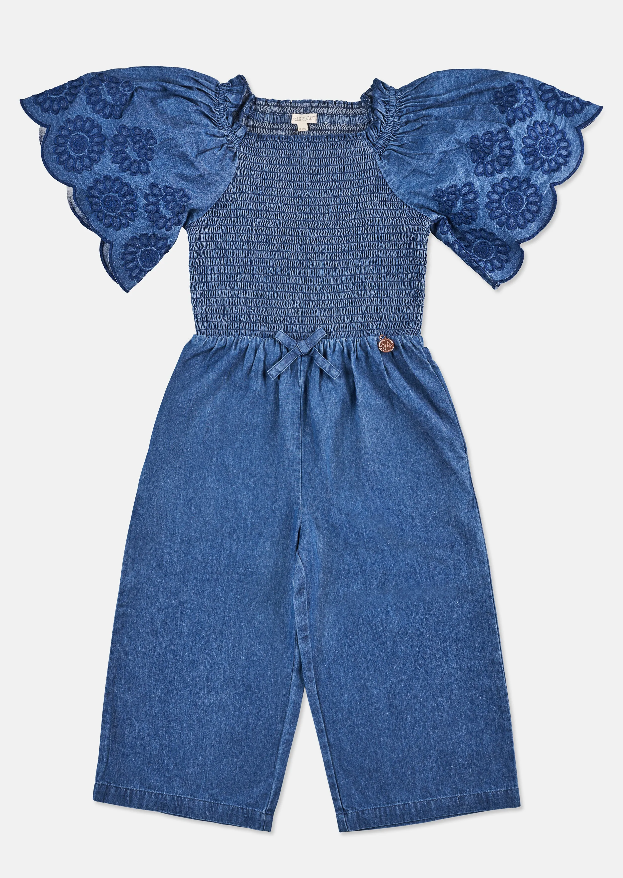 Savanah Broderie Sleeve Shirred Denim Jumpsuit