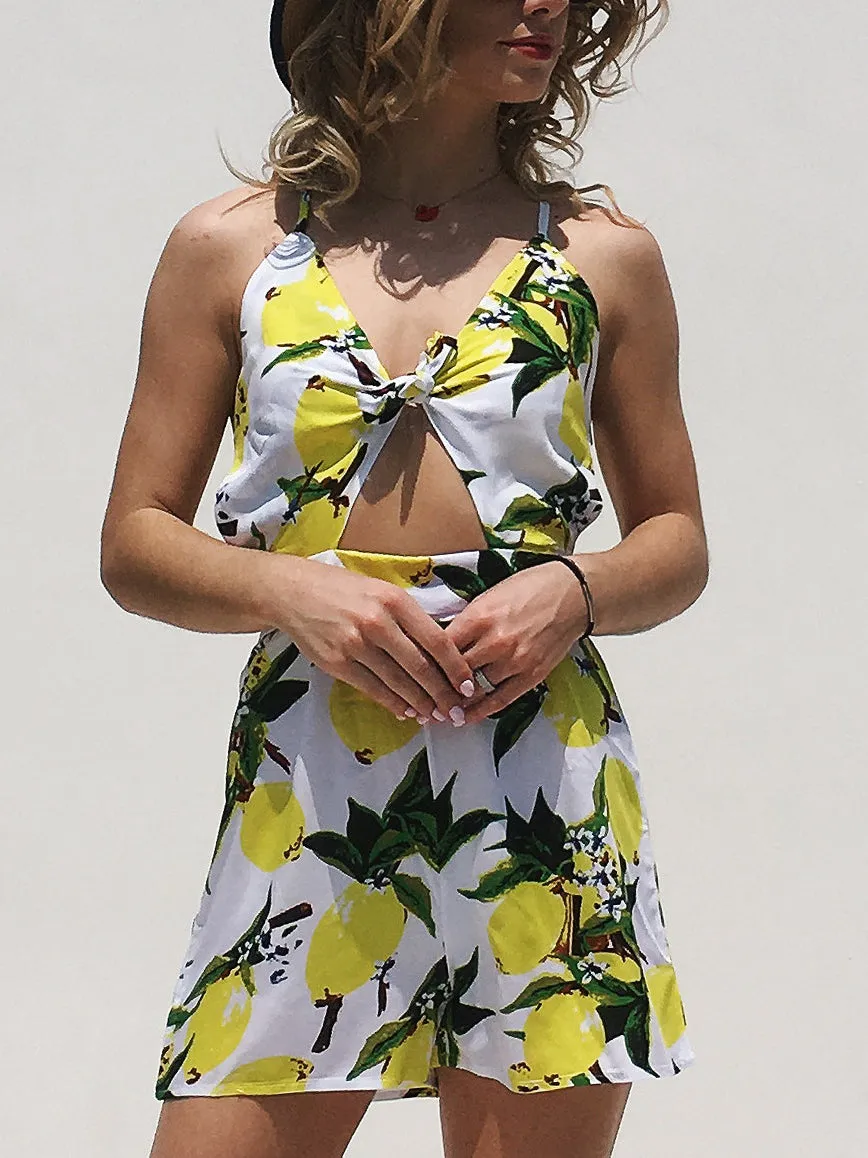 Sexy Sling Mango Print Bandage Bow Holiday Jumpsuit Shorts