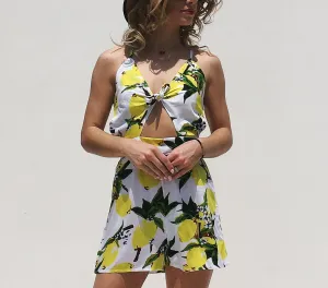 Sexy Sling Mango Print Bandage Bow Holiday Jumpsuit Shorts