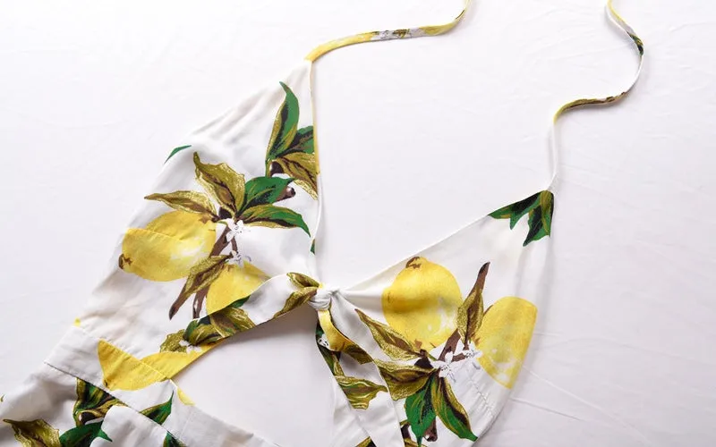 Sexy Sling Mango Print Bandage Bow Holiday Jumpsuit Shorts