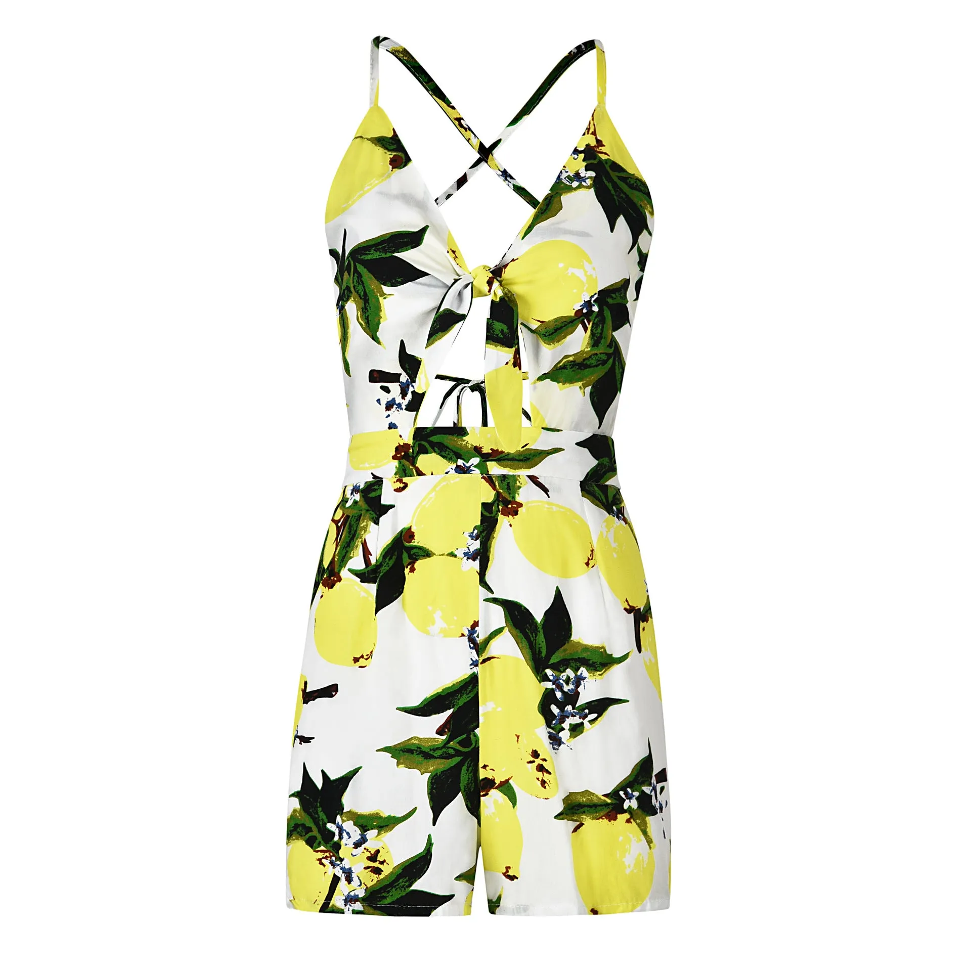 Sexy Sling Mango Print Bandage Bow Holiday Jumpsuit Shorts