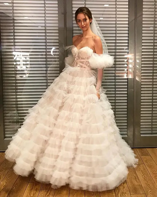 Sexy Tulle Layer Skirts Wedding Dresses Ruffles Off The Shoulder Sheer Bodice Modest Bridal Gowns